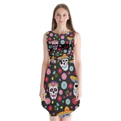 Day Dead Skull With Floral Ornament Flower Seamless Pattern Sleeveless Chiffon Dress  