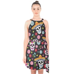 Day Dead Skull With Floral Ornament Flower Seamless Pattern Halter Collar Waist Tie Chiffon Dress by Pakemis