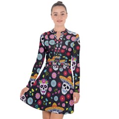 Day Dead Skull With Floral Ornament Flower Seamless Pattern Long Sleeve Panel Dress by Pakemis