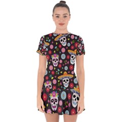 Day Dead Skull With Floral Ornament Flower Seamless Pattern Drop Hem Mini Chiffon Dress by Pakemis