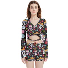 Day Dead Skull With Floral Ornament Flower Seamless Pattern Velvet Wrap Crop Top And Shorts Set by Pakemis