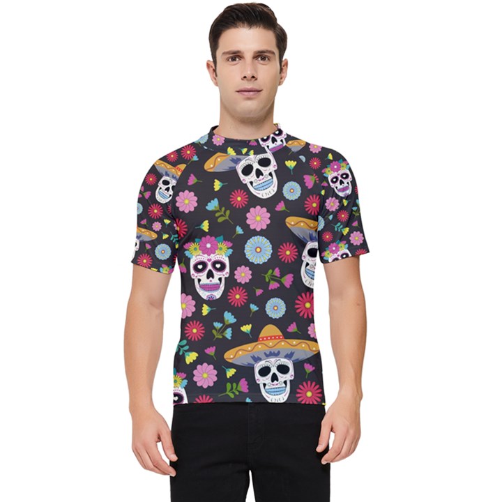 Day Dead Skull With Floral Ornament Flower Seamless Pattern Men s Short Sleeve Rash Guard