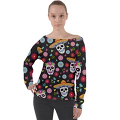 Day Dead Skull With Floral Ornament Flower Seamless Pattern Off Shoulder Long Sleeve Velour Top by Pakemis