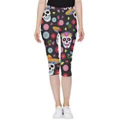 Day Dead Skull With Floral Ornament Flower Seamless Pattern Inside Out Lightweight Velour Capri Leggings 