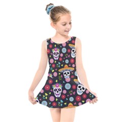 Day Dead Skull With Floral Ornament Flower Seamless Pattern Kids  Skater Dress Swimsuit by Pakemis