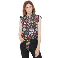 Day Dead Skull With Floral Ornament Flower Seamless Pattern Frill Detail Shirt by Pakemis