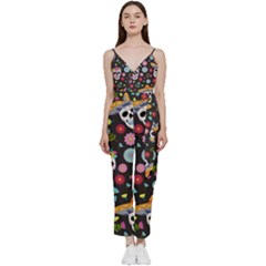 Day Dead Skull With Floral Ornament Flower Seamless Pattern V-neck Spaghetti Strap Tie Front Jumpsuit by Pakemis