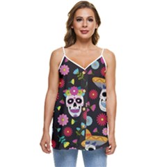 Day Dead Skull With Floral Ornament Flower Seamless Pattern Casual Spaghetti Strap Chiffon Top