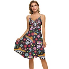 Day Dead Skull With Floral Ornament Flower Seamless Pattern Sleeveless Tie Front Chiffon Dress