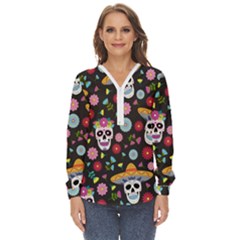 Day Dead Skull With Floral Ornament Flower Seamless Pattern Zip Up Long Sleeve Blouse