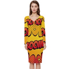 Explosion Boom Pop Art Style Long Sleeve V-neck Bodycon Dress  by Pakemis