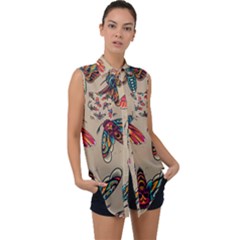 Tattoos Colorful Seamless Pattern Sleeveless Chiffon Button Shirt