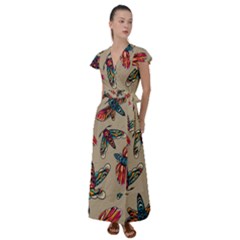 Tattoos Colorful Seamless Pattern Flutter Sleeve Maxi Dress