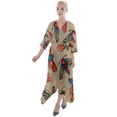 Tattoos Colorful Seamless Pattern Quarter Sleeve Wrap Front Maxi Dress by Pakemis