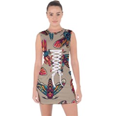 Tattoos Colorful Seamless Pattern Lace Up Front Bodycon Dress