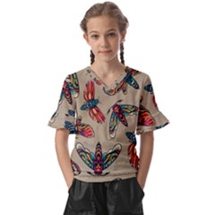 Tattoos Colorful Seamless Pattern Kids  V-neck Horn Sleeve Blouse