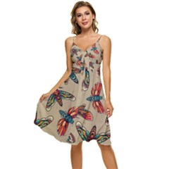 Tattoos Colorful Seamless Pattern Sleeveless Tie Front Chiffon Dress