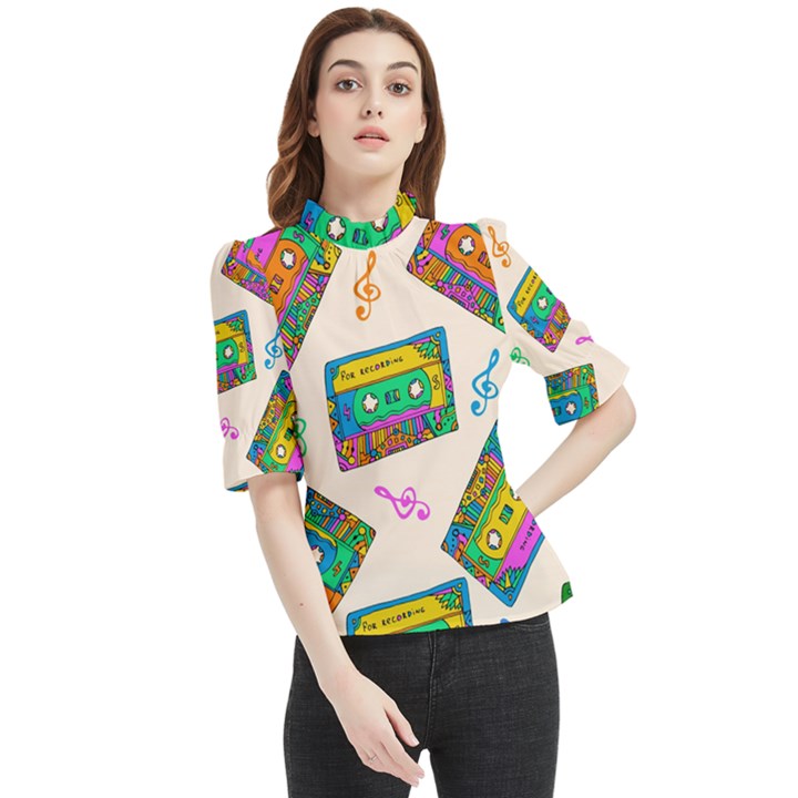 Seamless Pattern With Colorfu Cassettes Hippie Style Doodle Musical Texture Wrapping Fabric Vector Frill Neck Blouse