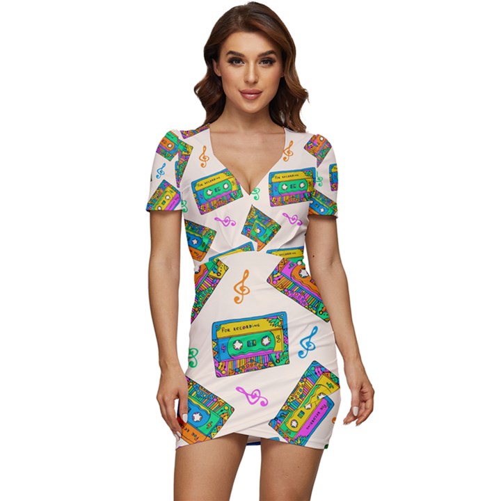 Seamless Pattern With Colorfu Cassettes Hippie Style Doodle Musical Texture Wrapping Fabric Vector Low Cut Cap Sleeve Mini Dress