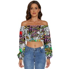 Hip Hop Background Long Sleeve Crinkled Weave Crop Top