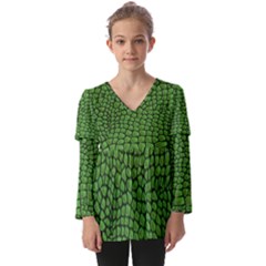 Seamless Pattern Crocodile Leather Kids  V Neck Casual Top by Pakemis