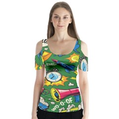 Pop Art Colorful Seamless Pattern Butterfly Sleeve Cutout Tee 