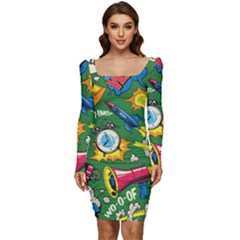 Pop Art Colorful Seamless Pattern Women Long Sleeve Ruched Stretch Jersey Dress by Pakemis