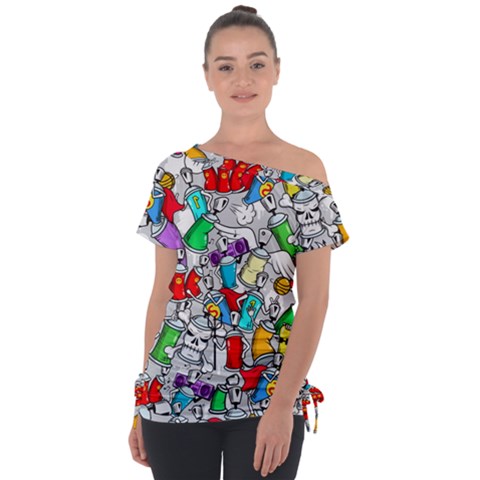 Graffit Characters Seamless Pattern Art Off Shoulder Tie-up Tee by Pakemis