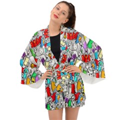 Graffit Characters Seamless Pattern Art Long Sleeve Kimono by Pakemis