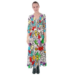 Graffit Characters Seamless Pattern Art Button Up Maxi Dress by Pakemis