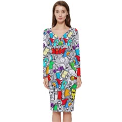 Graffit Characters Seamless Pattern Art Long Sleeve V-neck Bodycon Dress  by Pakemis