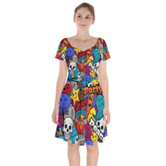 Graffiti Characters Seamless Pattern Short Sleeve Bardot Dress by Pakemis