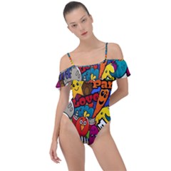 Graffiti Characters Seamless Pattern Frill Detail One Piece Swimsuit by Pakemis