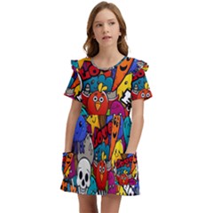 Graffiti Characters Seamless Pattern Kids  Frilly Sleeves Pocket Dress