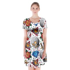 Full Color Flash Tattoo Patterns Short Sleeve V-neck Flare Dress by Pakemis