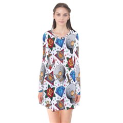 Full Color Flash Tattoo Patterns Long Sleeve V-neck Flare Dress by Pakemis