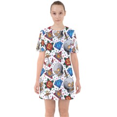 Full Color Flash Tattoo Patterns Sixties Short Sleeve Mini Dress by Pakemis