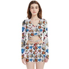 Full Color Flash Tattoo Patterns Velvet Wrap Crop Top And Shorts Set by Pakemis