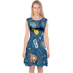 Seamless Pattern Vector Submarine With Sea Animals Cartoon Capsleeve Midi Dress by Pakemis