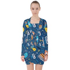 Seamless Pattern Vector Submarine With Sea Animals Cartoon V-neck Bodycon Long Sleeve Dress by Pakemis