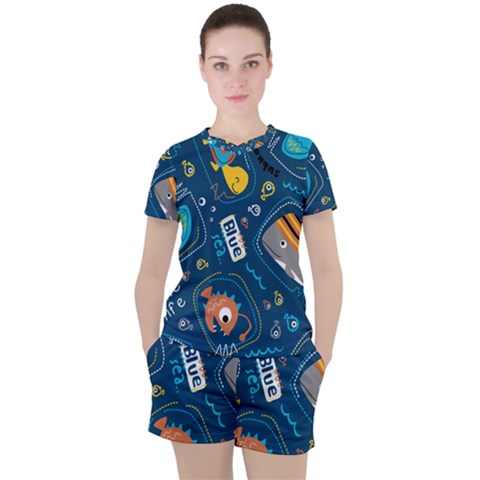 Seamless Pattern Vector Submarine With Sea Animals Cartoon Women s Tee And Shorts Set by Pakemis