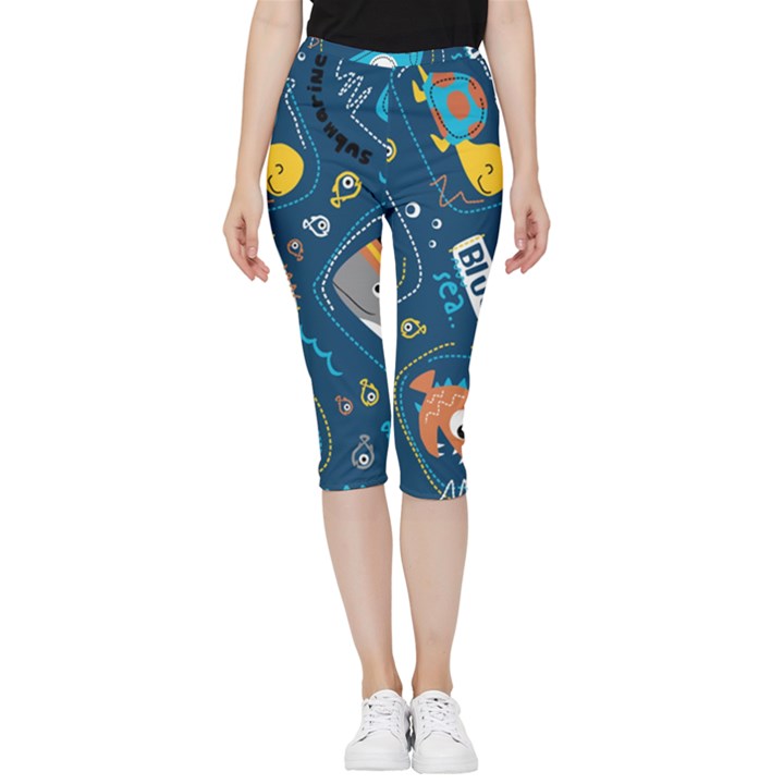 Seamless Pattern Vector Submarine With Sea Animals Cartoon Inside Out Lightweight Velour Capri Leggings 