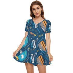 Seamless Pattern Vector Submarine With Sea Animals Cartoon Tiered Short Sleeve Babydoll Dress