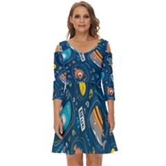 Seamless Pattern Vector Submarine With Sea Animals Cartoon Shoulder Cut Out Zip Up Dress