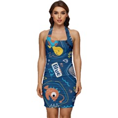 Seamless Pattern Vector Submarine With Sea Animals Cartoon Sleeveless Wide Square Neckline Ruched Bodycon Dress by Pakemis