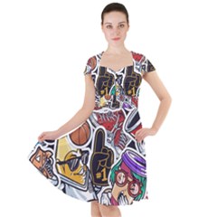 Vintage College Colorful Seamless Pattern Cap Sleeve Midi Dress by Pakemis