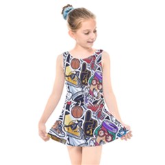 Vintage College Colorful Seamless Pattern Kids  Skater Dress Swimsuit by Pakemis