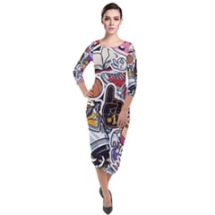 Vintage College Colorful Seamless Pattern Quarter Sleeve Midi Velour Bodycon Dress