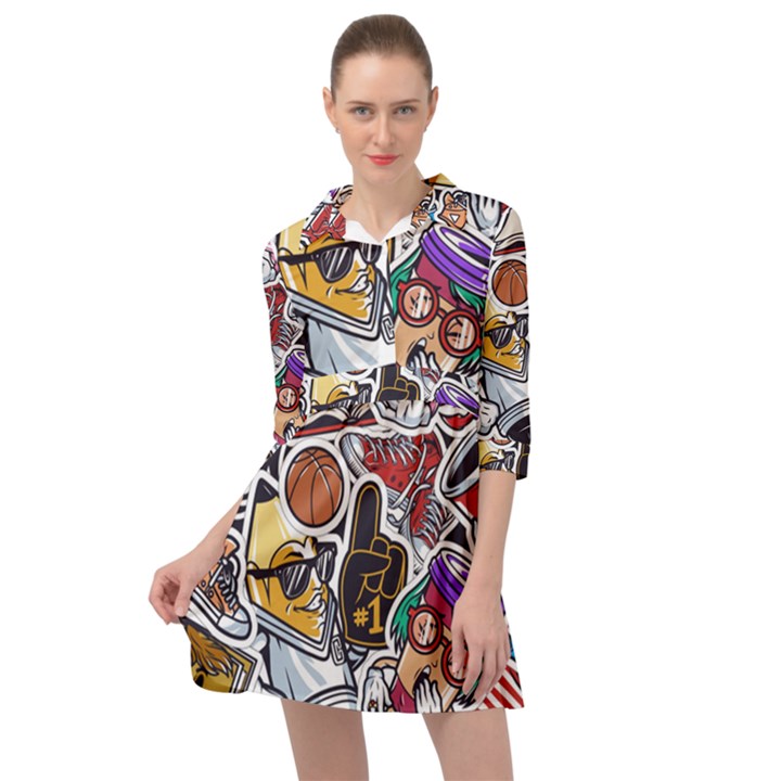 Vintage College Colorful Seamless Pattern Mini Skater Shirt Dress