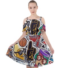 Vintage College Colorful Seamless Pattern Cut Out Shoulders Chiffon Dress